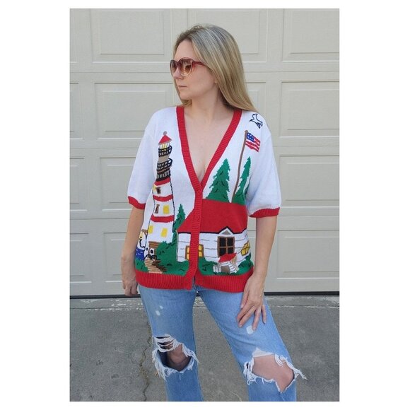 5/$100 SALE -  Vintage Patriotic Red White Blue Knit Sweater - Picture 1 of 6